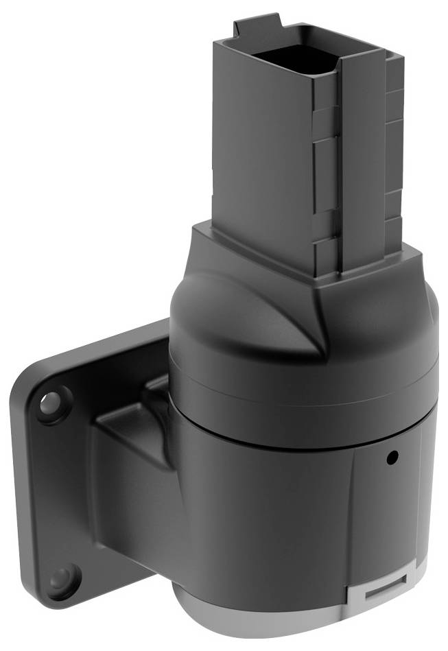 Schwarzer elektrischer Steckverbinder mit rechteckigem Anschluss und abgerundetem Sockel, montiert auf einer Wandplatte.