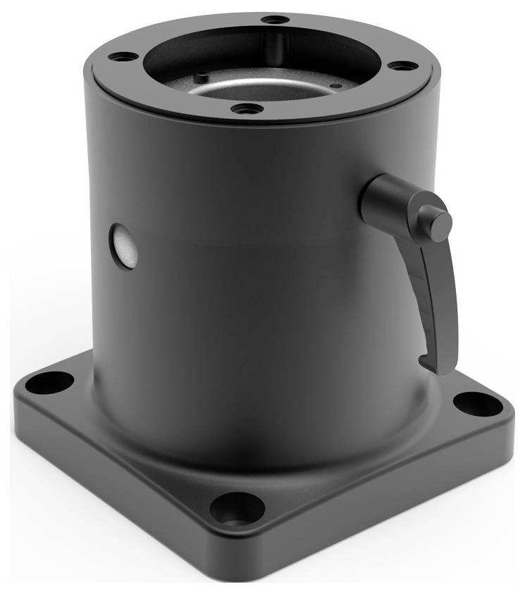 Schwarze, zylindrische Metallkomponente mit seitlichem Hebel auf quadratischer Basisplatte; könnte Teil einer Maschinenhalterung sein.