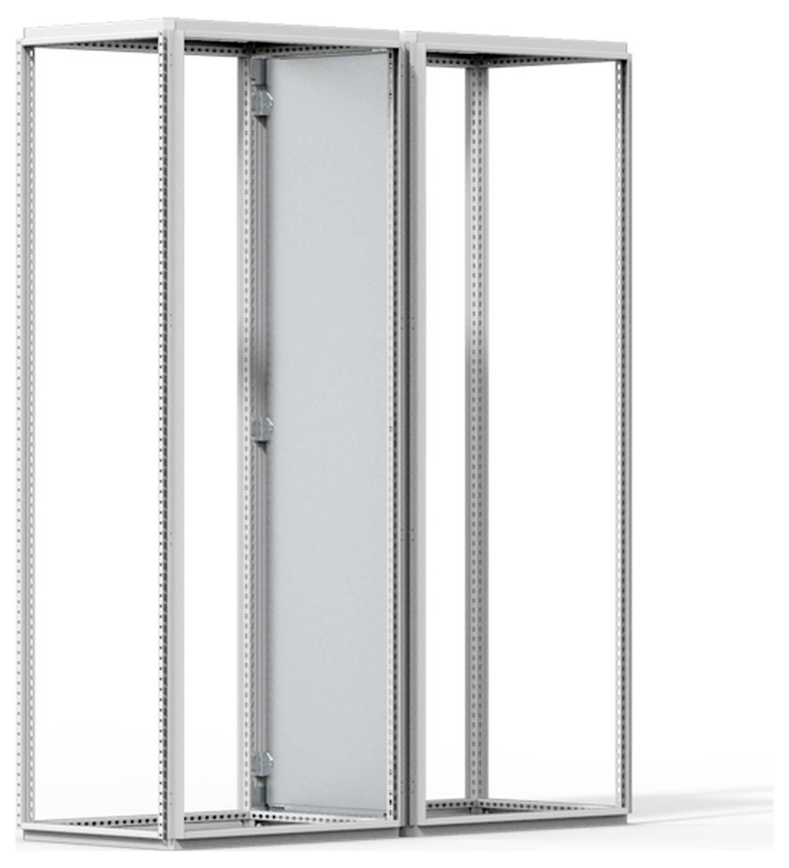 Zwei leere, silberne Server-Rahmen stehen nebeneinander, ohne Türen und Seitenwände. Geeignet zur Aufnahme von IT-Hardware.