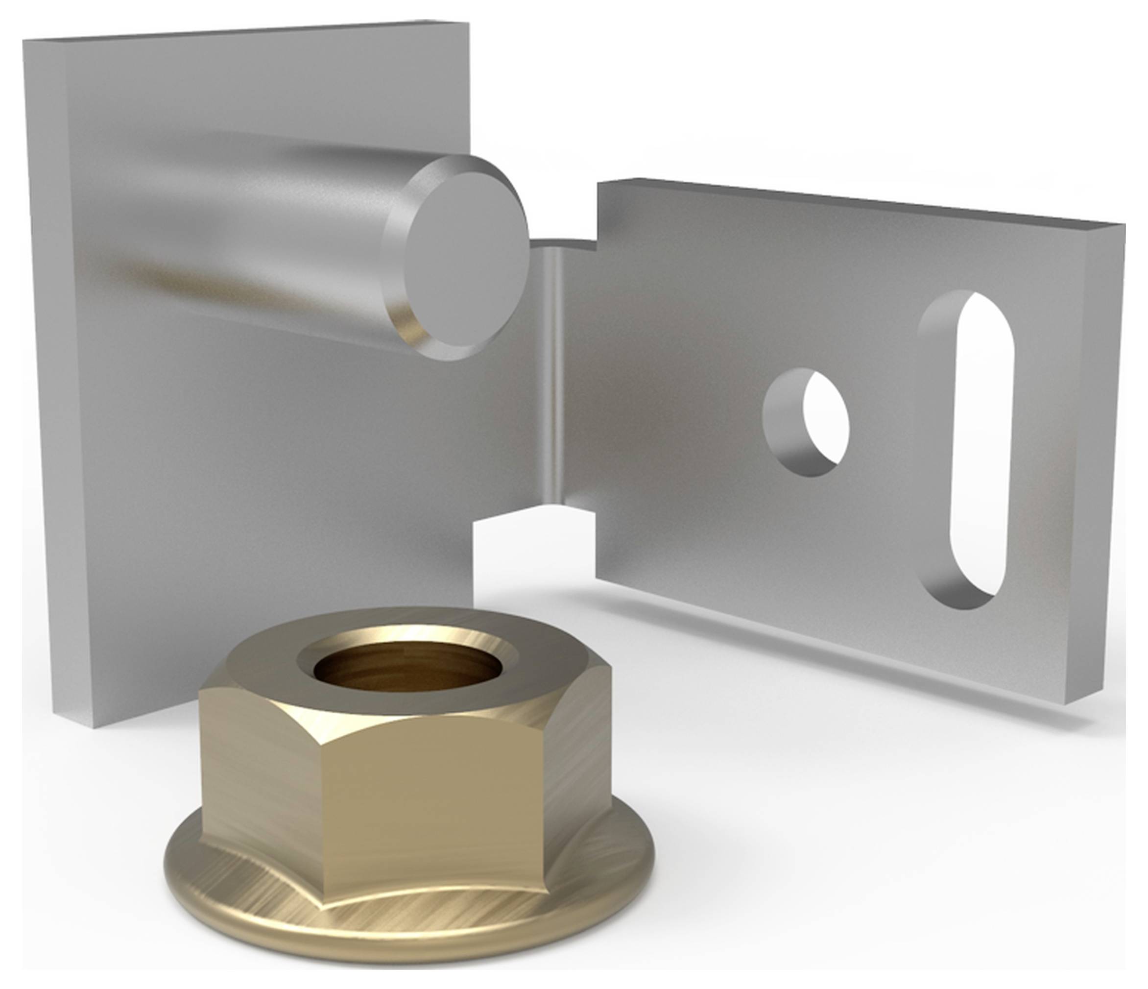 Baugruppenverbindung: Eine L-förmige Stahlhalterung, daneben eine Messingmutter. Verwendet in mechanischer Befestigung.