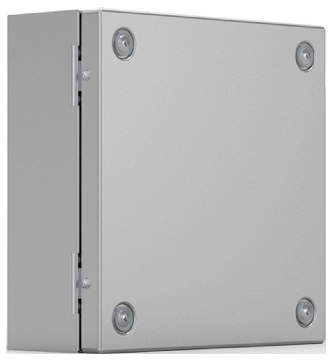 Metallischer Kasten mit Schrauben an den Ecken, schlichtes Design, seitliche Scharniere sichtbar, möglicherweise ein elektrisches Gehäuse.
