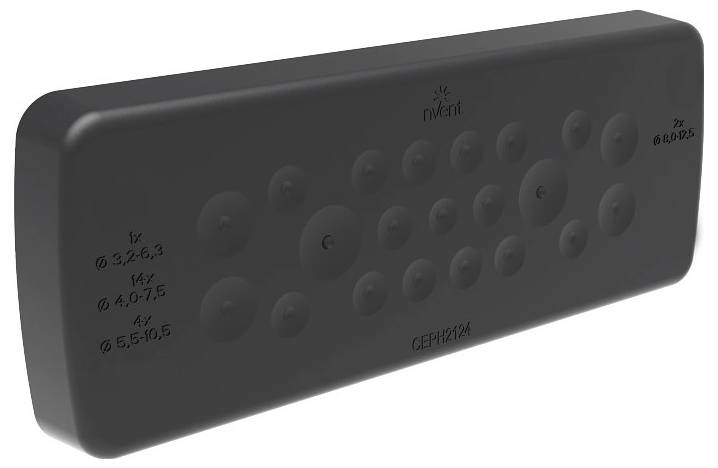 Rechteckiges schwarzes Objekt mit abgerundeten Ecken, verschiedenen geprägten Kreisen und technischen Markierungen, möglicherweise eine Dichtung.