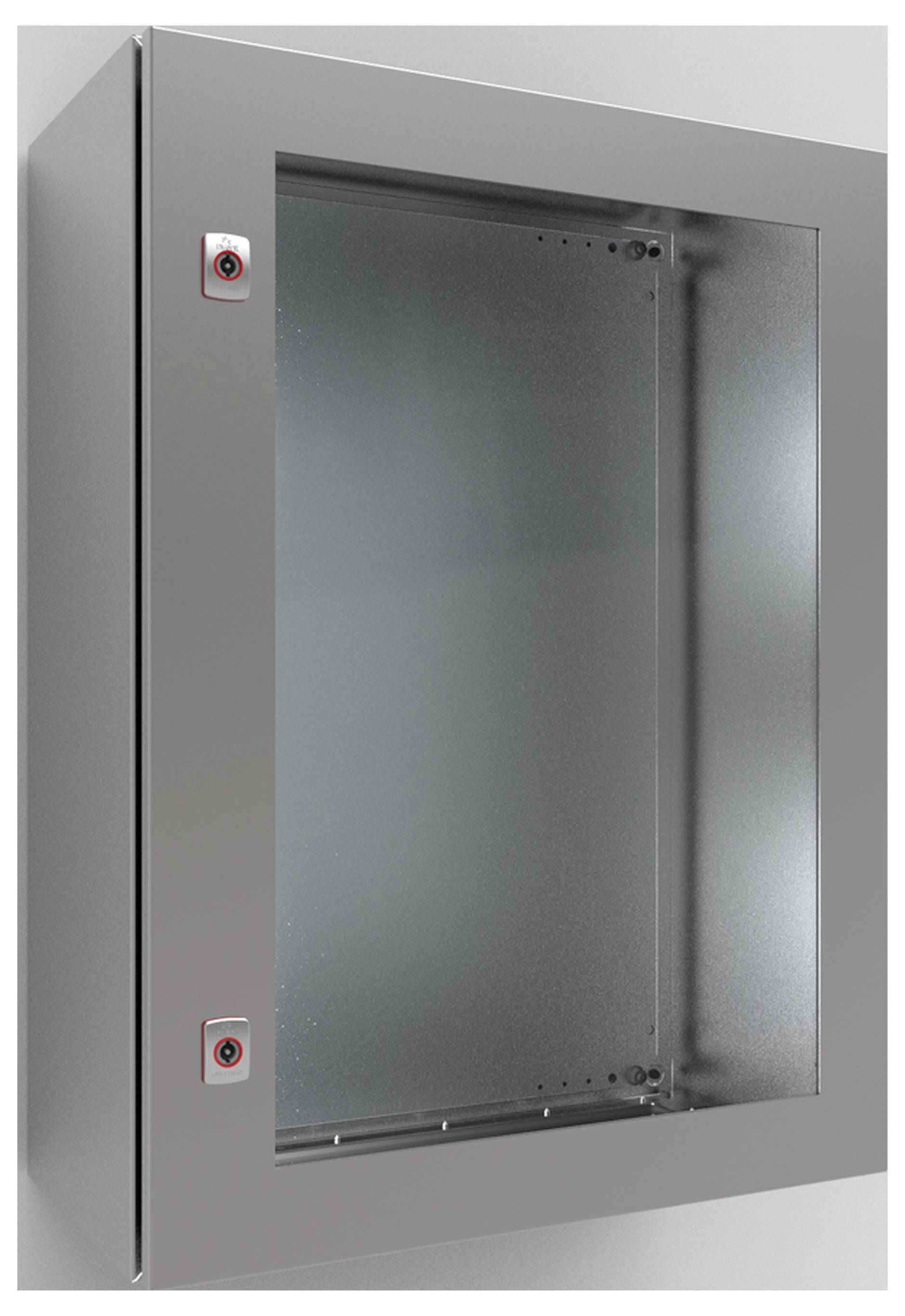 Metallschrank mit Glastür, an der Wand montiert. Geeignet für die Unterbringung von Geräten oder Unterlagen in einem Büro oder Lager.