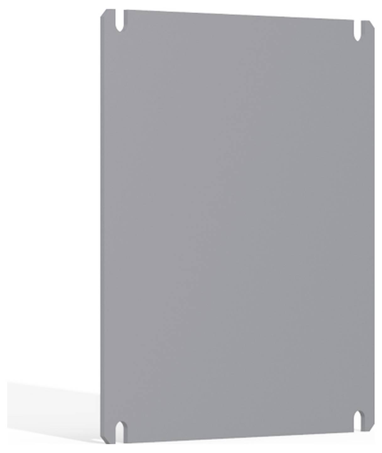 Graue Metallplatte mit vier Halterungslöchern an den Ecken vor weißem Hintergrund.