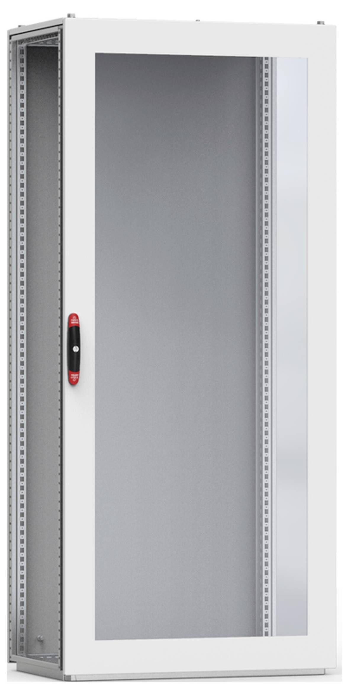 Ein heller, stehender Schrank mit einer Glasfronttür und einem roten Griff, möglicherweise für Technik- oder Serveraufbewahrung geeignet.