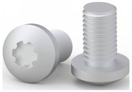 Zwei silberne Metallschrauben mit Torx-Kopfen, eine liegend, die andere stehend, auf weißem Hintergrund.