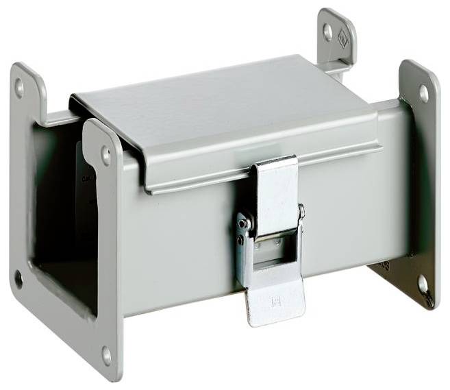 Rechteckiges, graues Metallgehäuse mit einem Klappdeckel und Verschlussmechanismus, verwendet zum Schutz von elektronischen Komponenten.