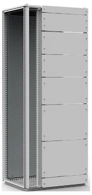 Grau gestrichener, leerer Metall-Server-Rack-Schrank mit mehreren Lüftungsschlitzen auf der Vorderseite, geeignet für IT-Infrastruktur.