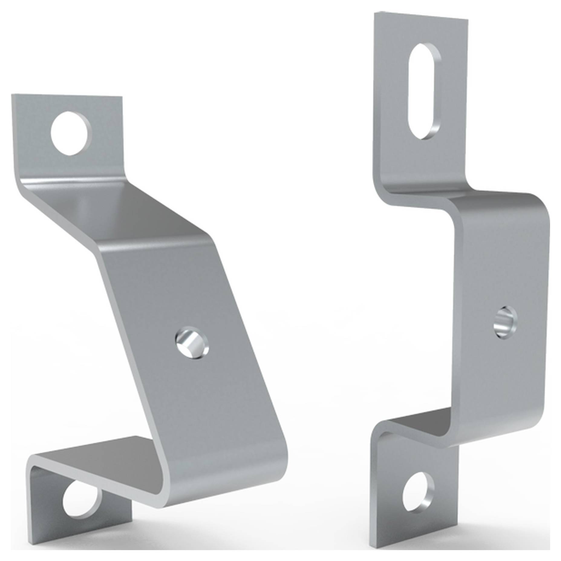 Zwei silberne Metallwinkel mit Löchern zur Befestigung. Sie sind in verschiedenen Ansichten dargestellt, links in Front- und rechts in Seitenansicht.