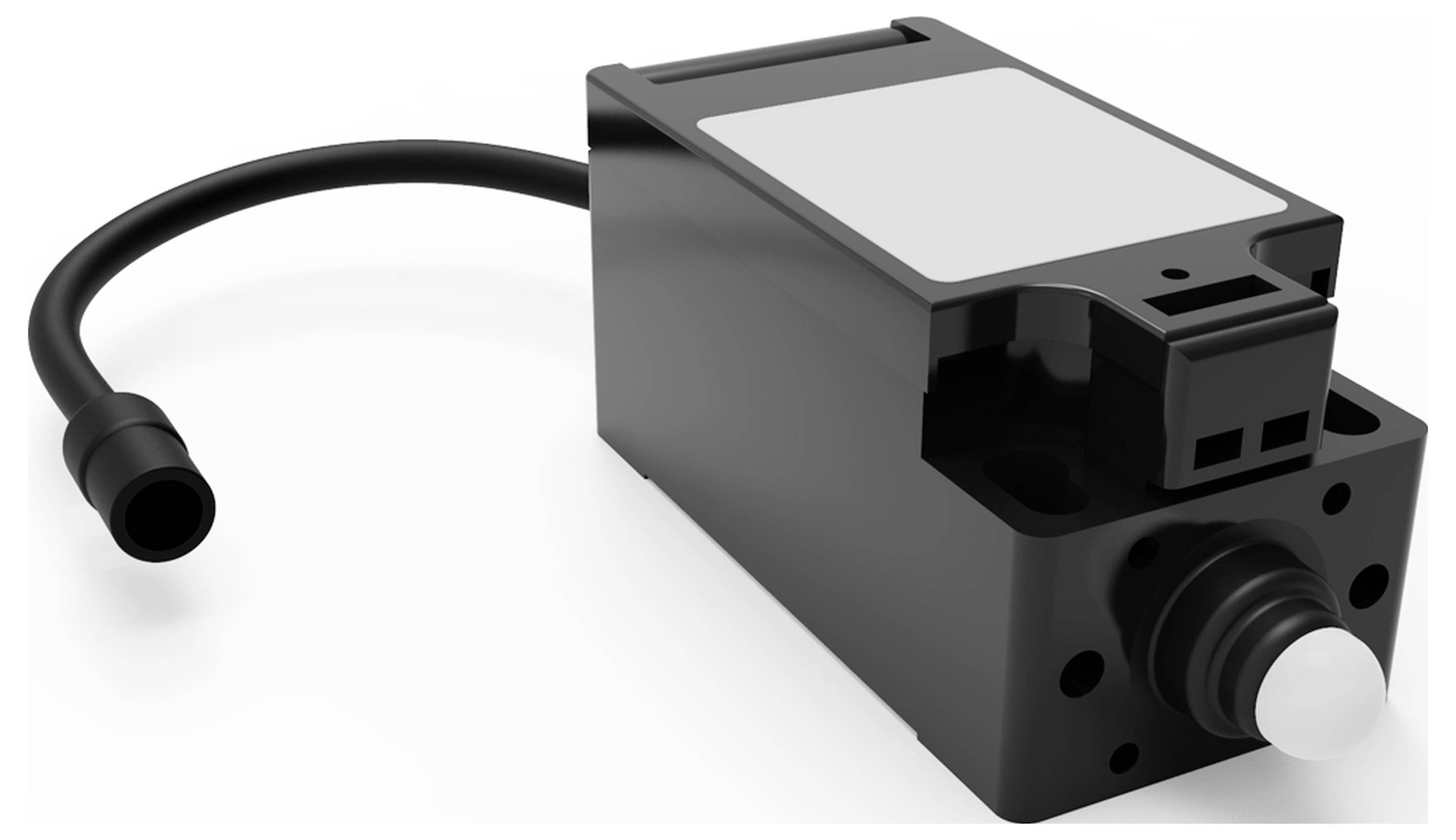 Schwarze, rechteckige elektrische Komponente mit Kabelanschluss und einem weißen Schalter oder Sensor an der Vorderseite.