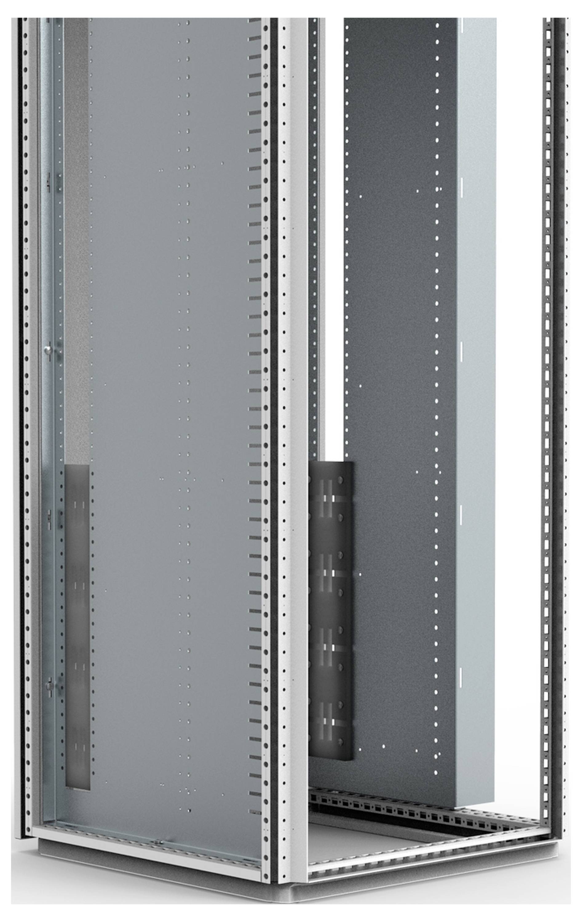 Metallisches Gehäuse für elektronische Geräte mit gelochten Schienen und montierbarer Struktur, geeignet zur Aufnahme von Komponenten.