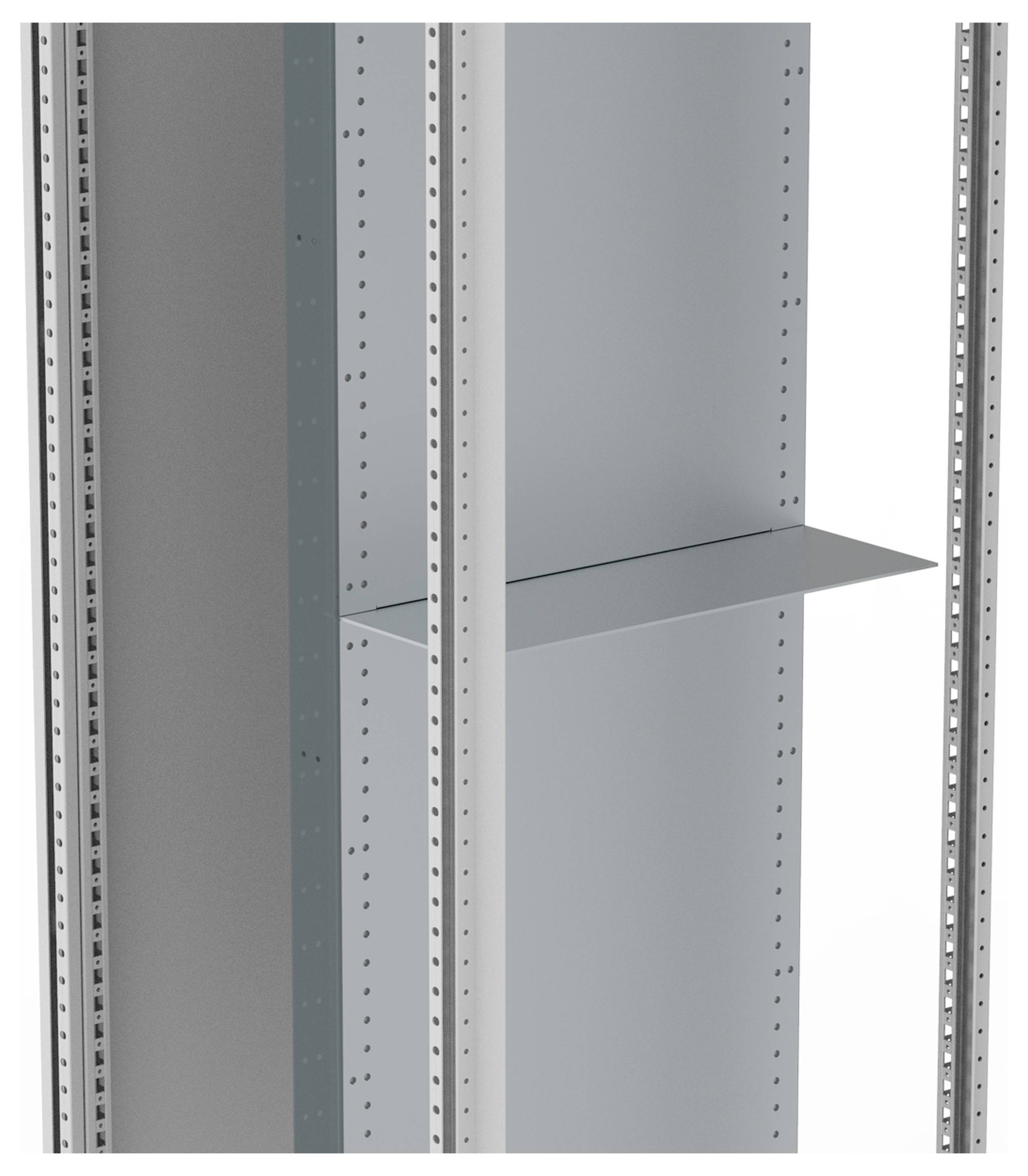 Metallregal mit vertikalen Streben und Einlegeboden, geeignet für Lagerung oder Büroorganisation. Minimalistisches Design in neutralem Grau.