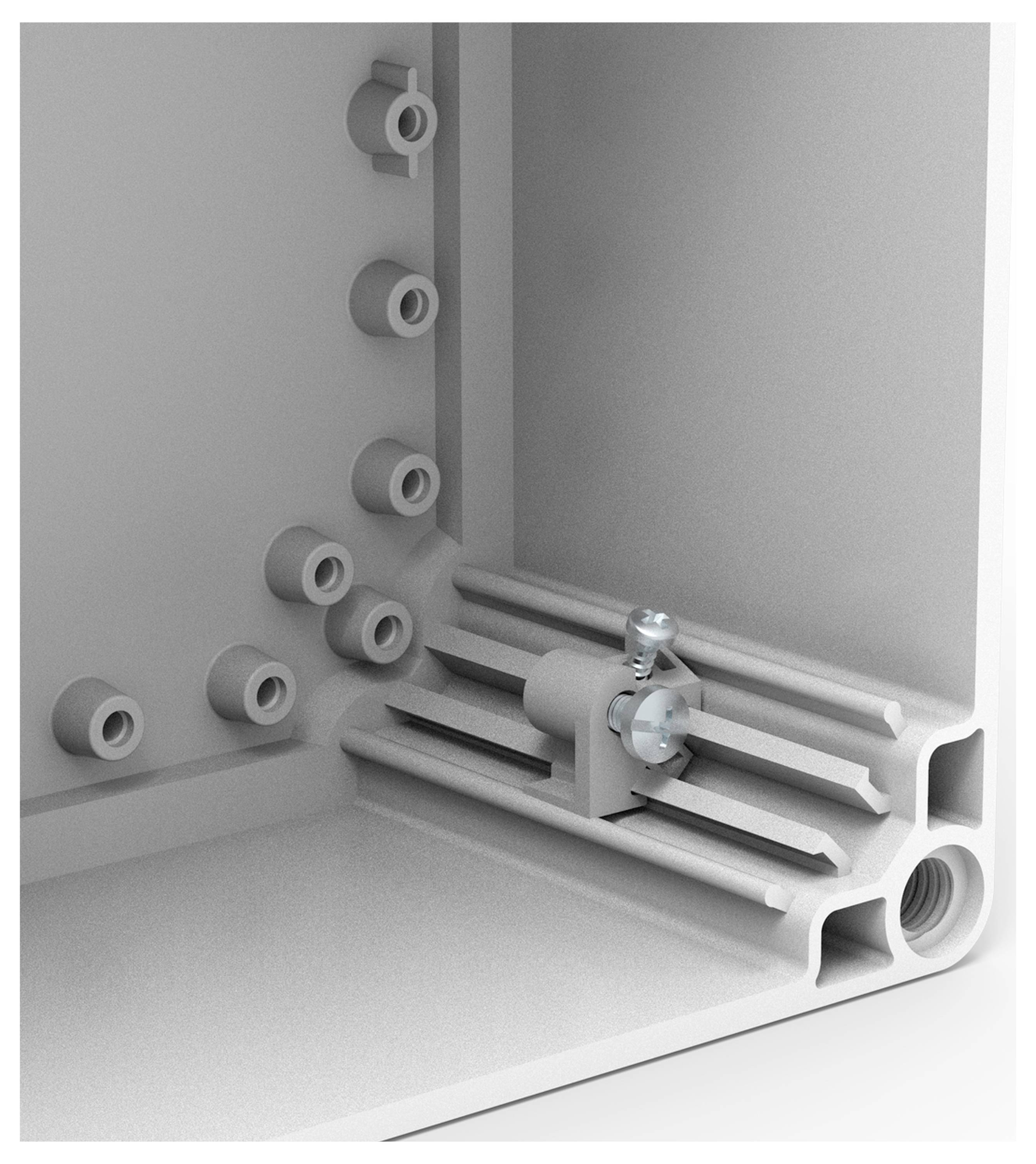 Eine graue Kunststoffbox von innen mit mehreren Montagenoppen und einer blauen, in einer Nut befestigten Schraube.