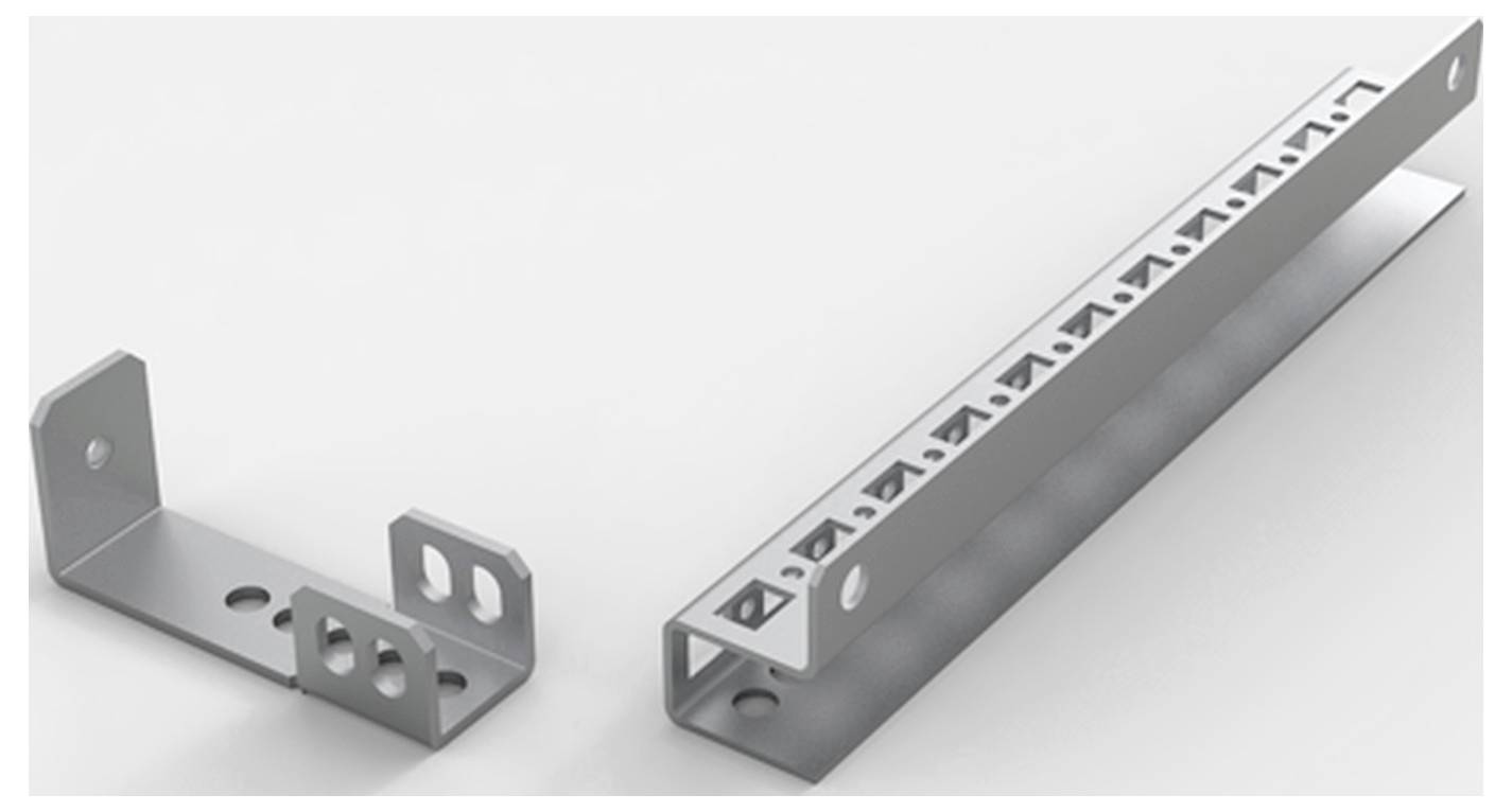 Metallwinkelhalterungen auf weißem Hintergrund, eine in L-Form und die andere lang und rechteckig, mit Lochmustern zur Befestigung.