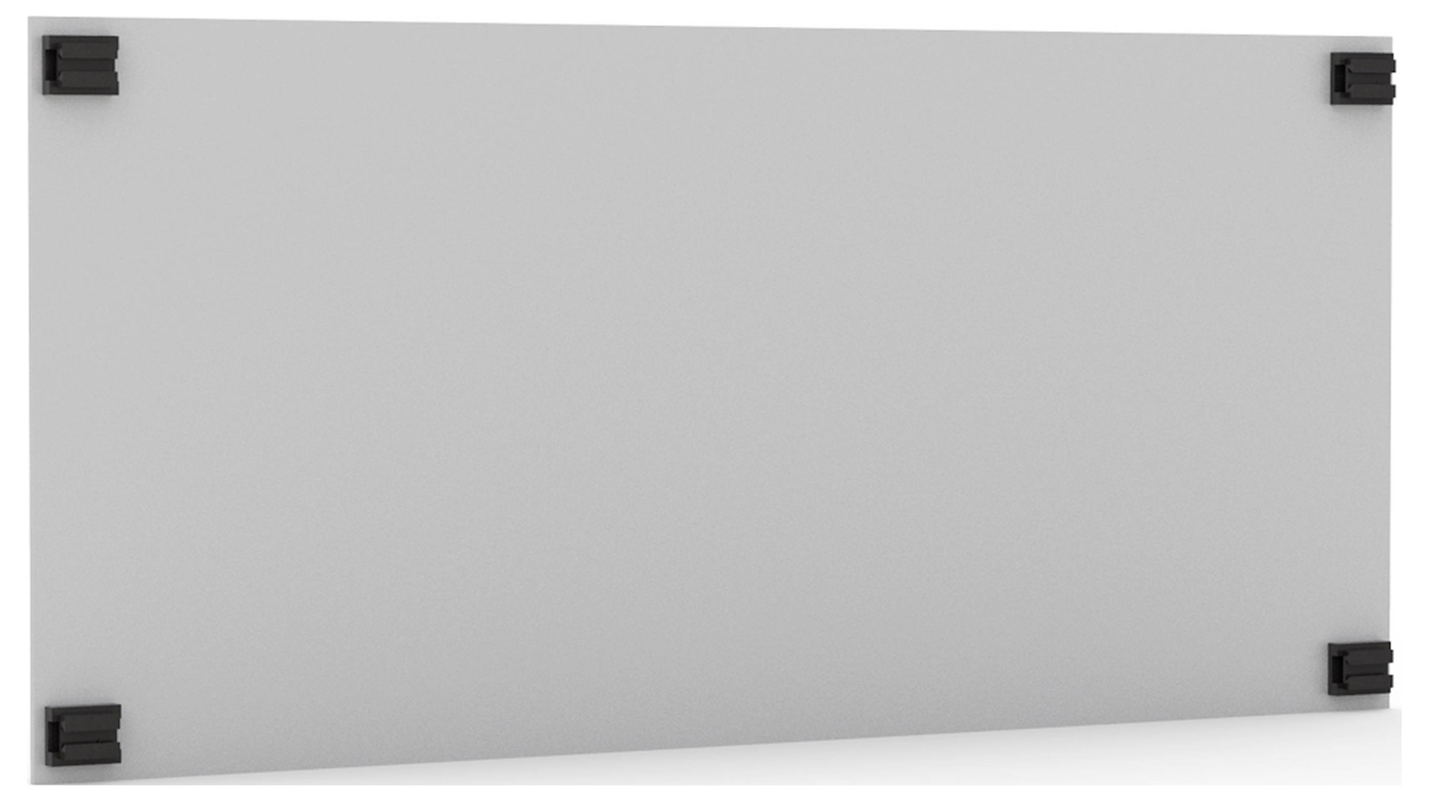 Graues rechteckiges Schild mit schwarzen Halterungen an den Ecken.