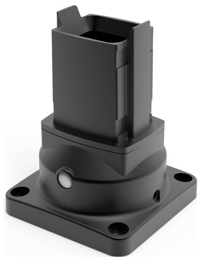 Ein schwarzes metallisches Verbindungsstück mit rechteckiger Form und vier Befestigungslöchern, möglicherweise ein Sockeladapter.