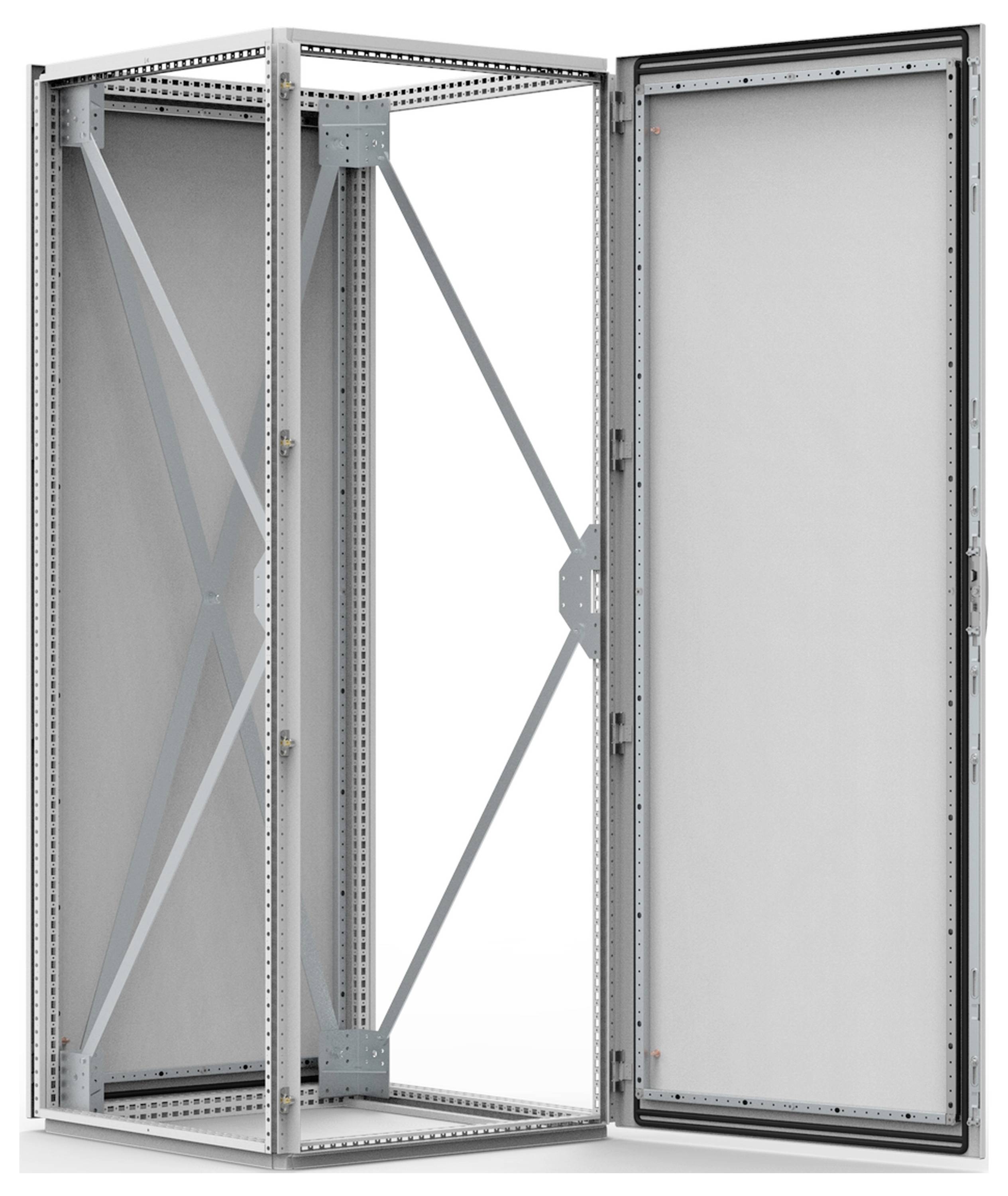 Metallschrankrahmen mit offener Tür, zeigt inneres Fachwerkdesign und leeren Innenraum für Geräteinstallation.