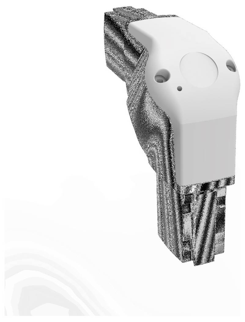 Ein grauer elektrischer Schutzschalter mit weißem Gehäuse und Anschlusselementen, verwendet in elektrischen Installationen.