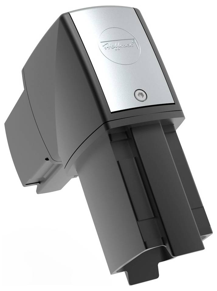 Ein automatischer Torantrieb in grauem Gehäuse. Markennamen befinden sich auf der Vorderseite. Geeignet für die Steuerung von Garagentoren.