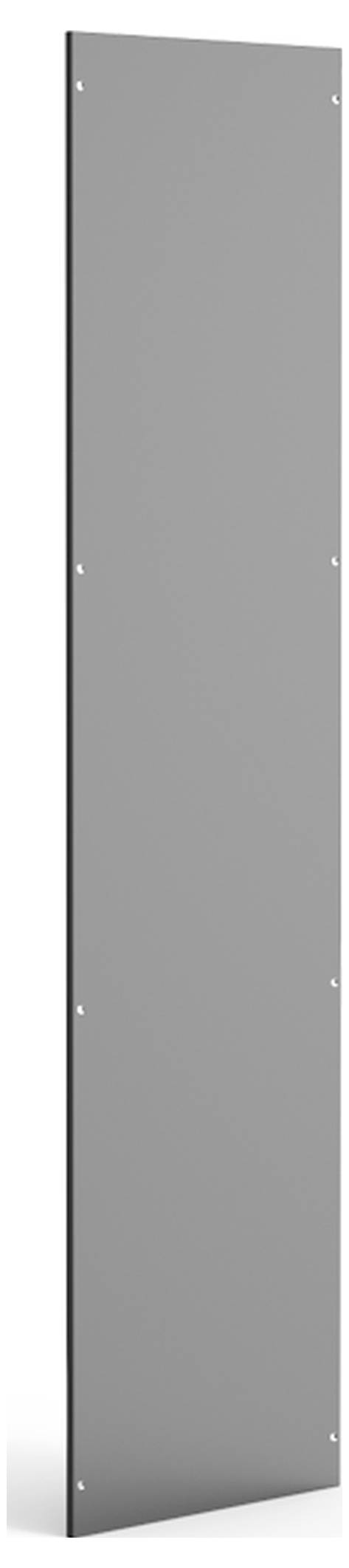 Graue, rechteckige Metallplatte mit sichtbaren Schrauben an den Rändern, aufrecht stehend.