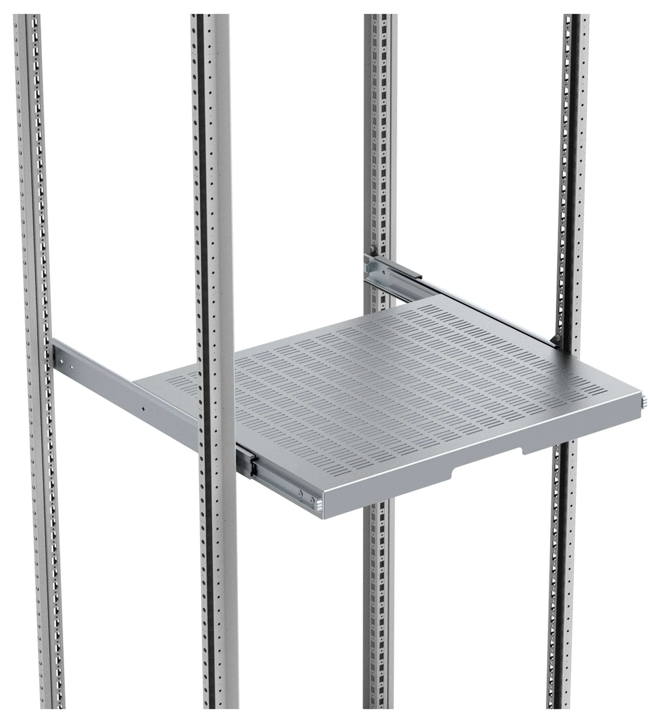 Ein graues Metallregal, montiert auf Schienen, in einem Server-Rack.