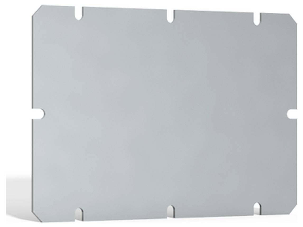 Rechteckiges Metallblech mit abgerundeten Ecken und mehreren Aussparungen an den Kanten.