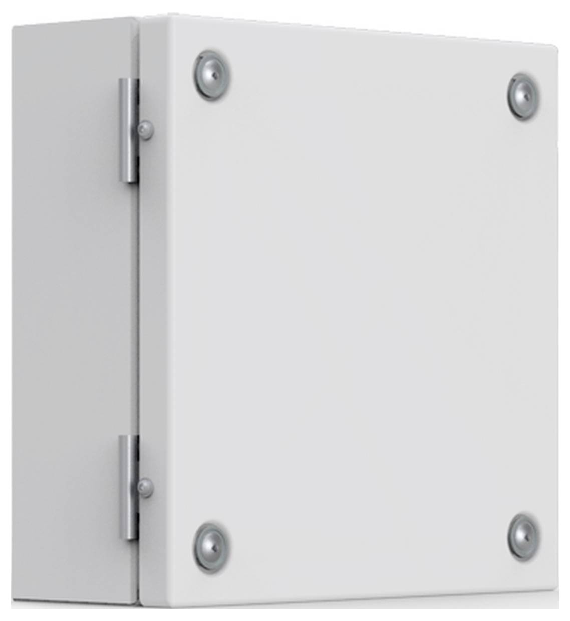 Ein weißes, rechteckiges Gehäuse mit sichtbaren Scharnieren und Schrauben an den Ecken, möglicherweise für elektrische Komponenten.