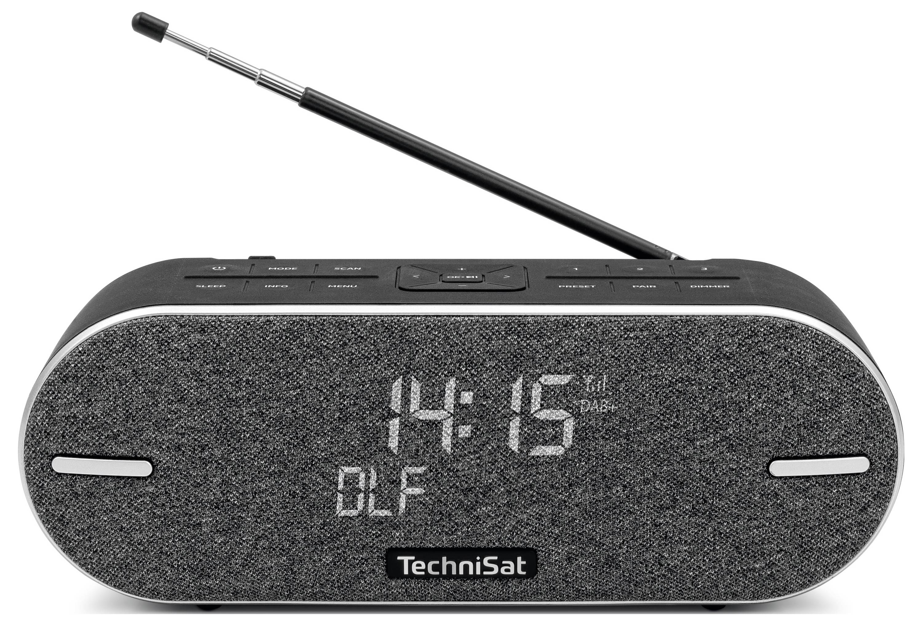 Ein digitales Radio im modernen Design mit ausziehbarer Antenne, zeigt die Uhrzeit '14:15' und den Sender 'DLF' auf der Anzeige.