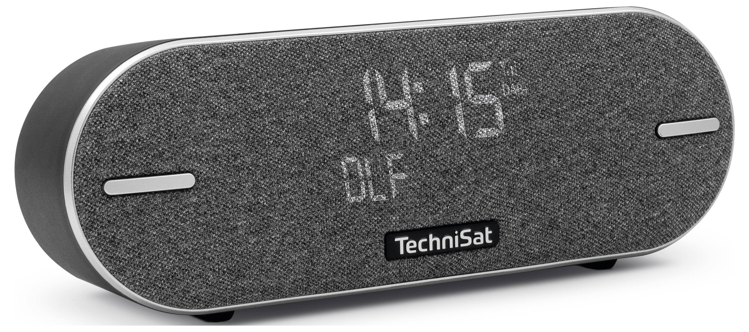 Digitaler Radiowecker zeigt die Zeit '14:15' und den Sender 'DLF' an. Gehäuse aus grauem Stoff mit TechniSat-Logo.