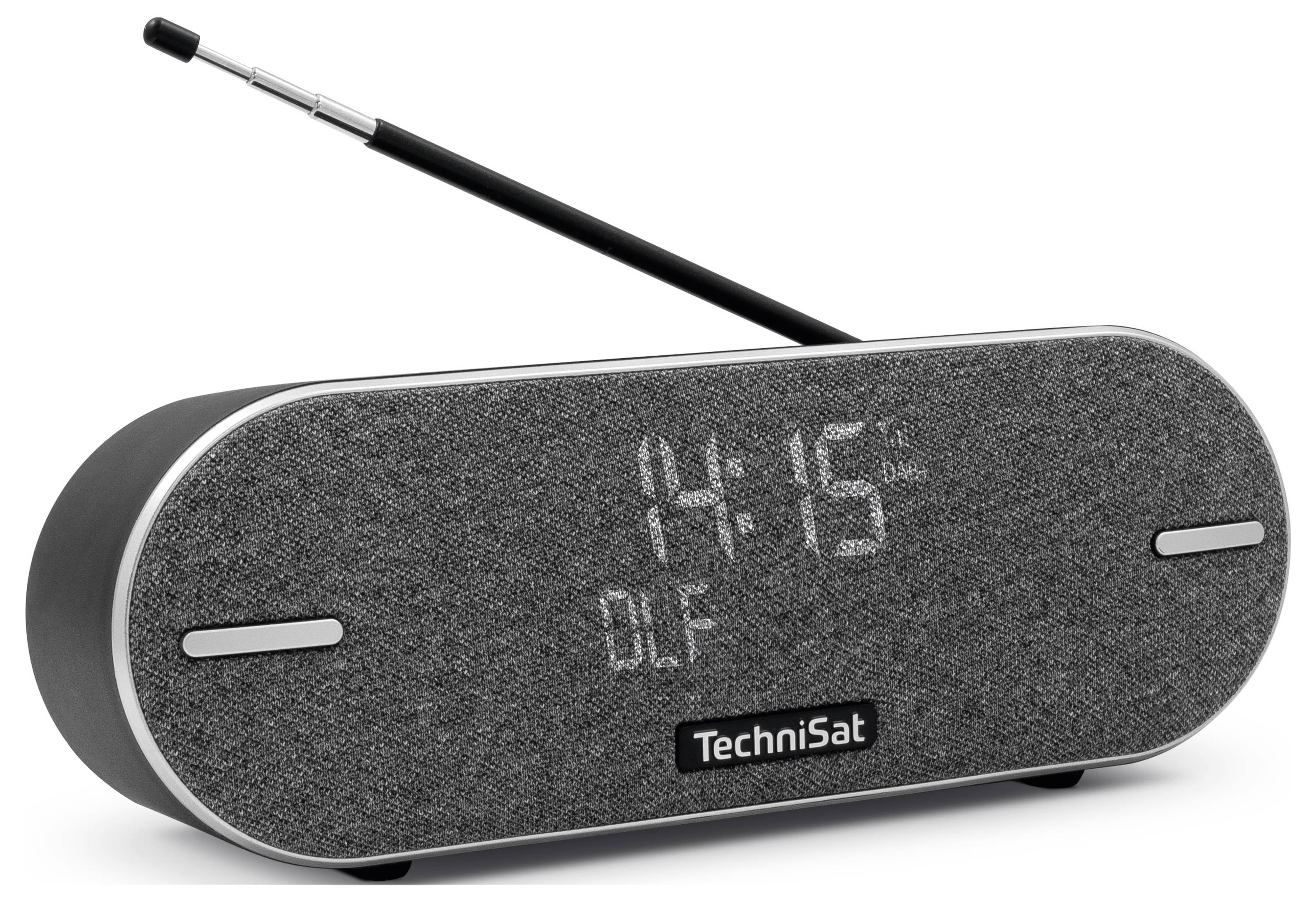 Ein digitaler Radiowecker von TechniSat zeigt die Uhrzeit 14:15 und den Radiosender DLF auf einem grauen Display an.