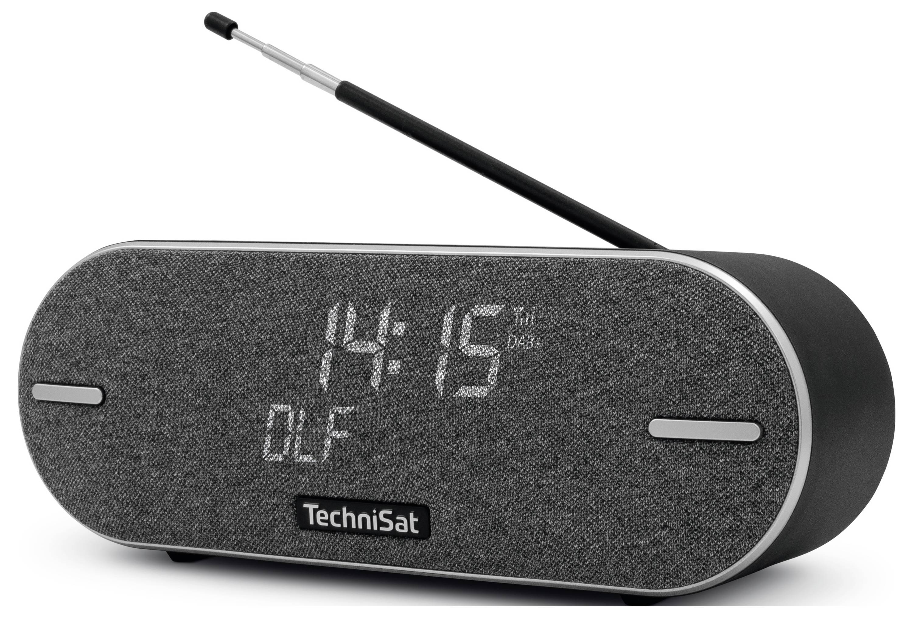 Digitales Radiogerät mit Textanzeige '14:15' und 'OLF' auf der Vorderseite, schwarzes Gehäuse und ausziehbare Antenne oben.