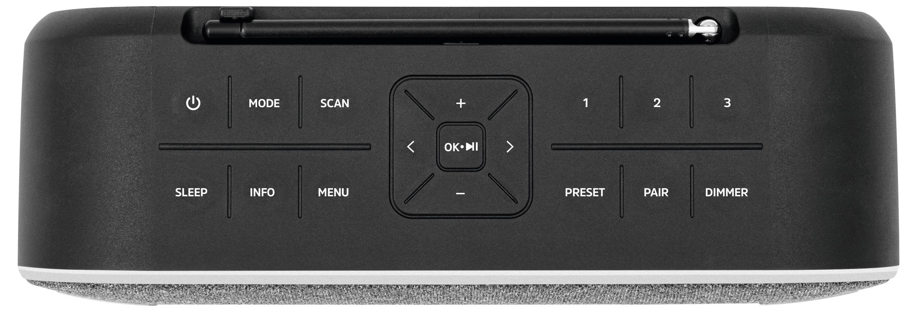 Schwarzes Radio mit Tasten für Ein/Aus, Modus, Scan, Lautstärke, Menü, Presets, Pairing und Helligkeitseinstellung.