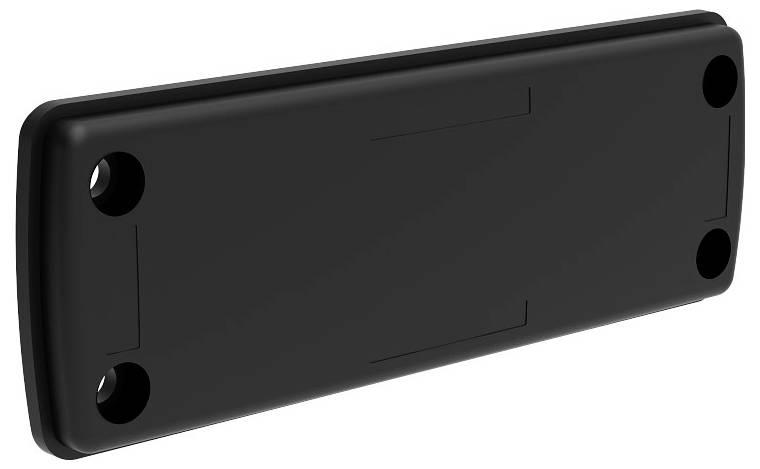 Rechteckige schwarze Kunststoffabdeckung mit vier Befestigungsöffnungen an den Ecken.
