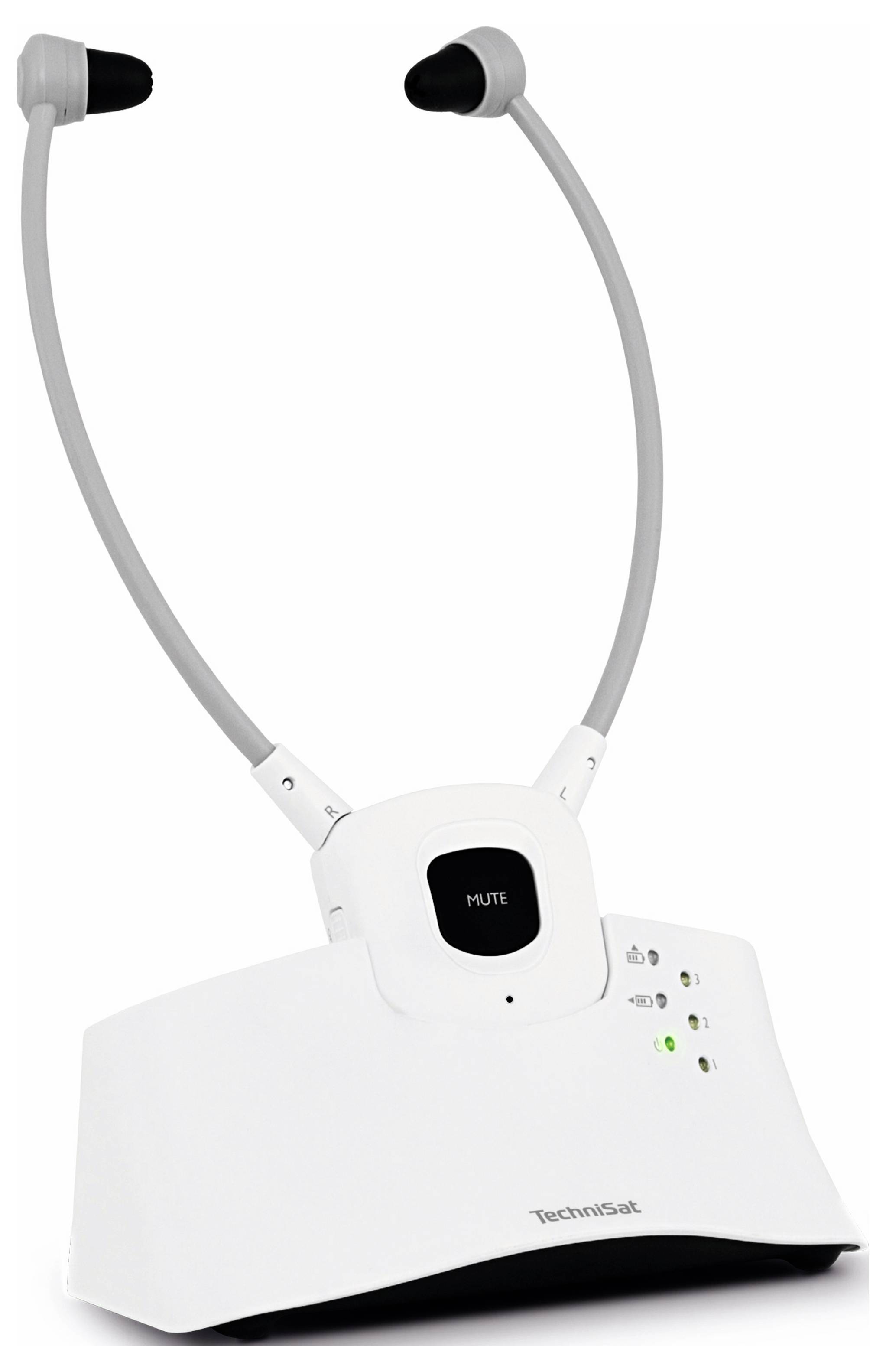 Kabelgebundenes Headset mit Bügelauflage, hellgrauen Ohrstöpseln und weißem Steuerungselement. Tasten für Stummschaltung und Lautstärkeregelung sichtbar.