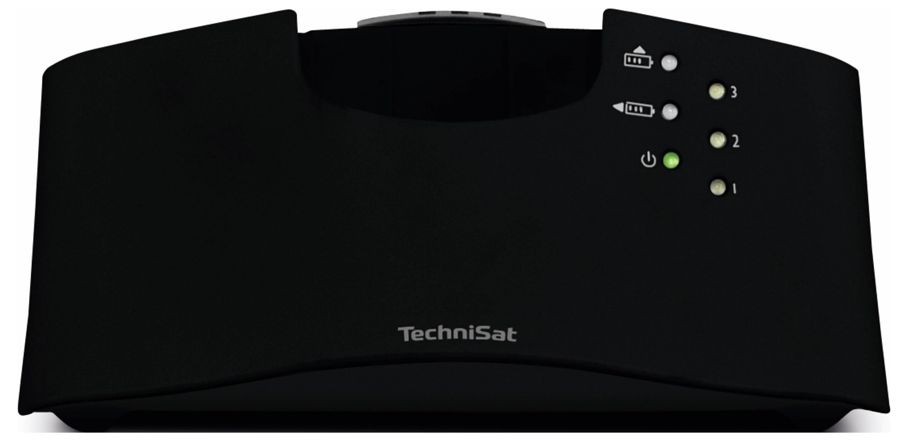 Schwarzer TechniSat-Gerät mit mehreren Leuchten auf der rechten Seite, grün und nummeriert von 1 bis 3. Lichter zeigen Status an.