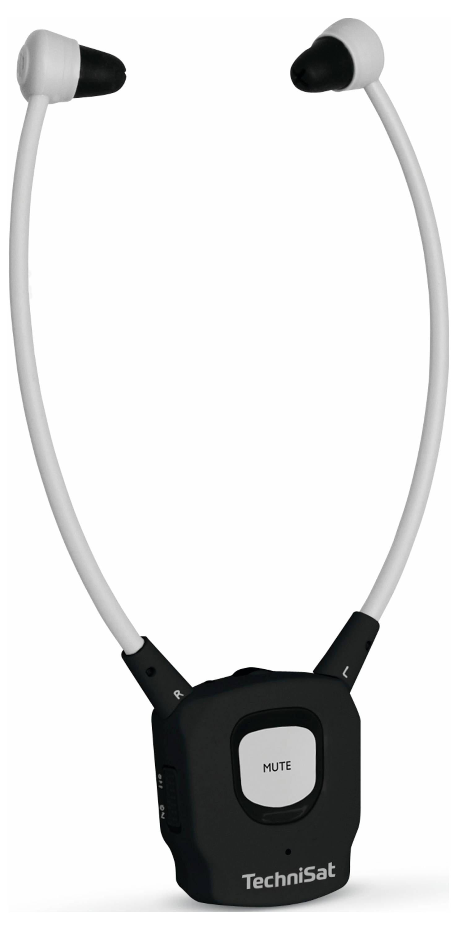 Drahtloser TV-Kopfhörer von TechniSat mit Lautstärkeregelung und Mute-Taste, geeignet für ungestörtes Fernsehen.