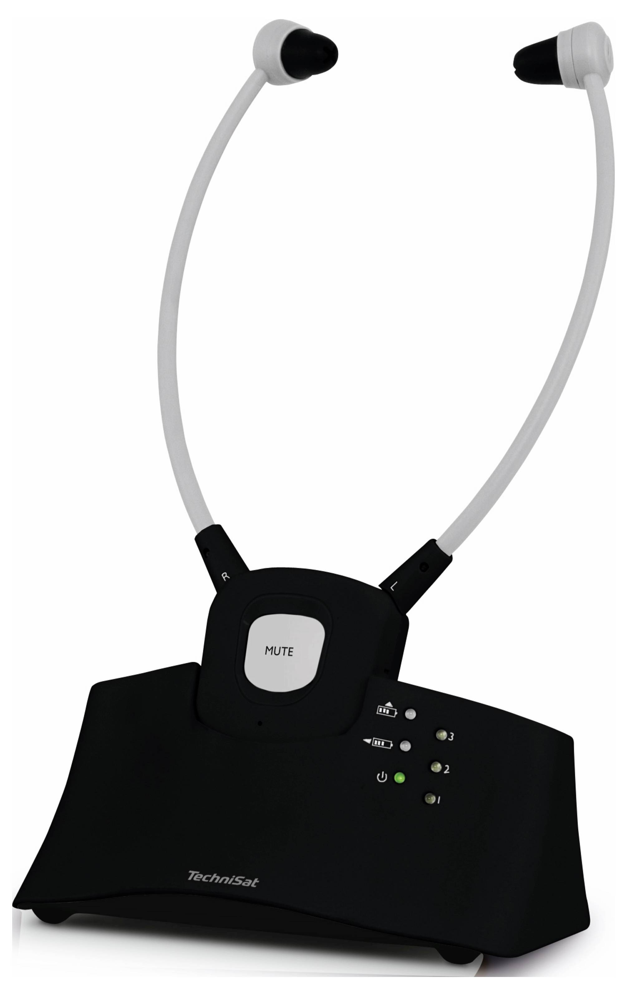Fernseher-Kopfhörersystem mit Basisstation und Ohrbügel, geeignet für kabelloses Hören, mit Lautstärkeregelung und Stummschalteknopf.