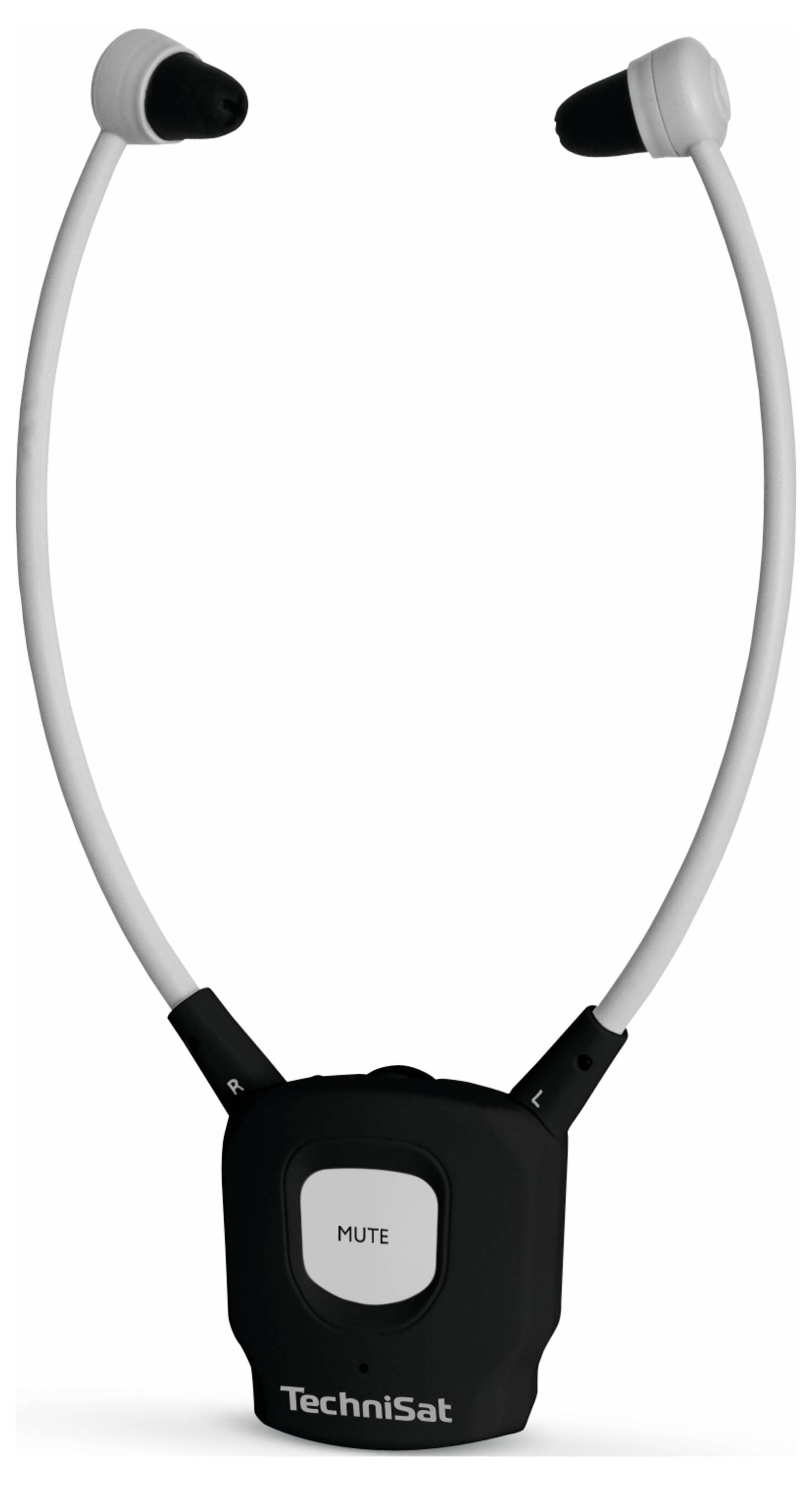 Ein schwarzes In-Ear-Kopfhörerset mit einem Bügel und 'Mute'-Taste, Marke TechniSat. Verwendung wahrscheinlich für Audioempfang.