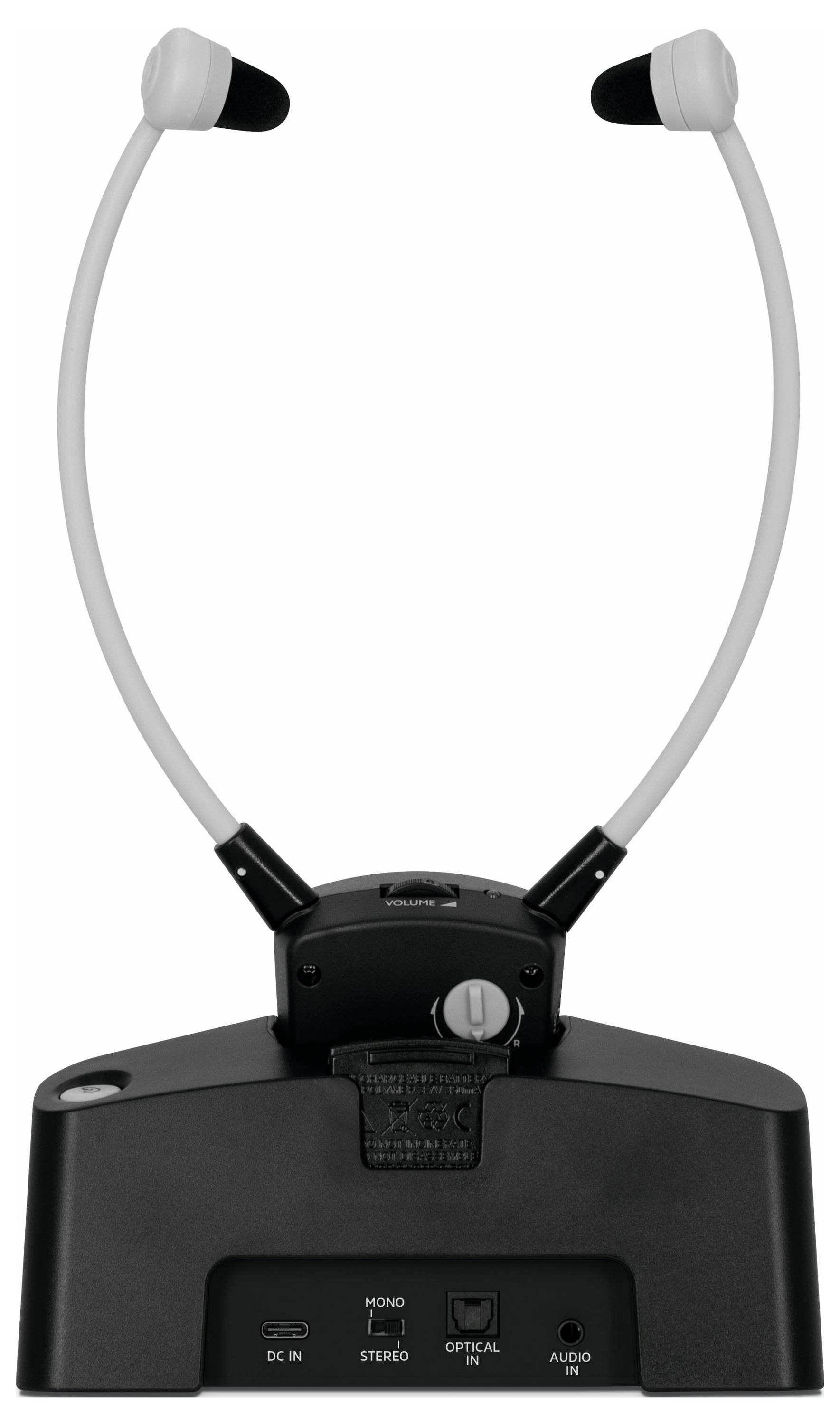 Drahtloses TV-Hörsystem mit Kinnbügelhörer und Basisstation, geeignet für schwerhörige Personen, verbessert den Klang und Sprachverständlichkeit.