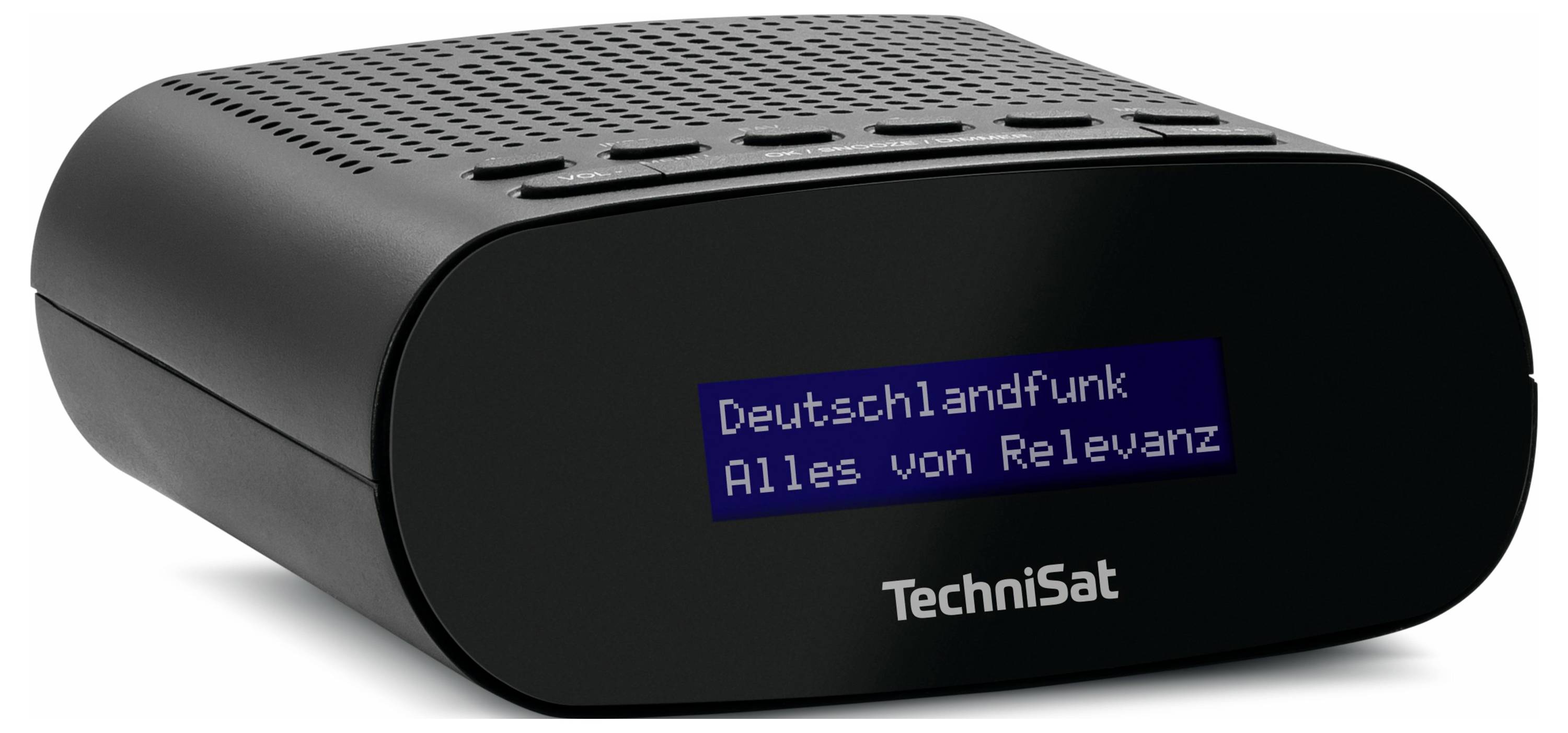 Schwarzes Digitalradio mit Display zeigt 'Deutschlandfunk – Alles von Relevanz'. Obere Tastenleiste, modernes Design.