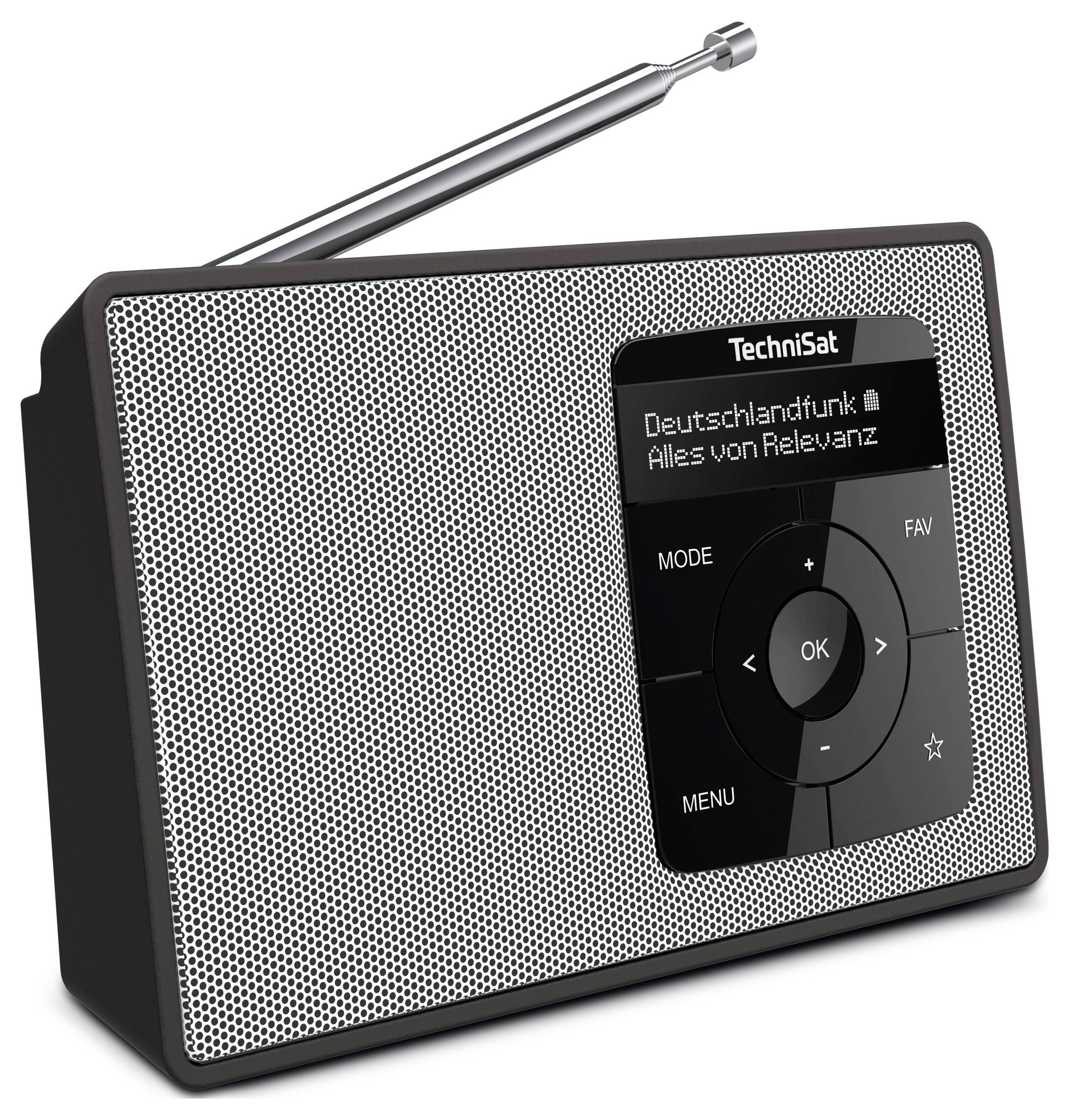 Ein tragbares Radio mit Antenne. Der Bildschirm zeigt den Sender 'Deutschlandfunk' und den Titel 'Alles von Relevanz'. Bedientasten sind sichtbar.