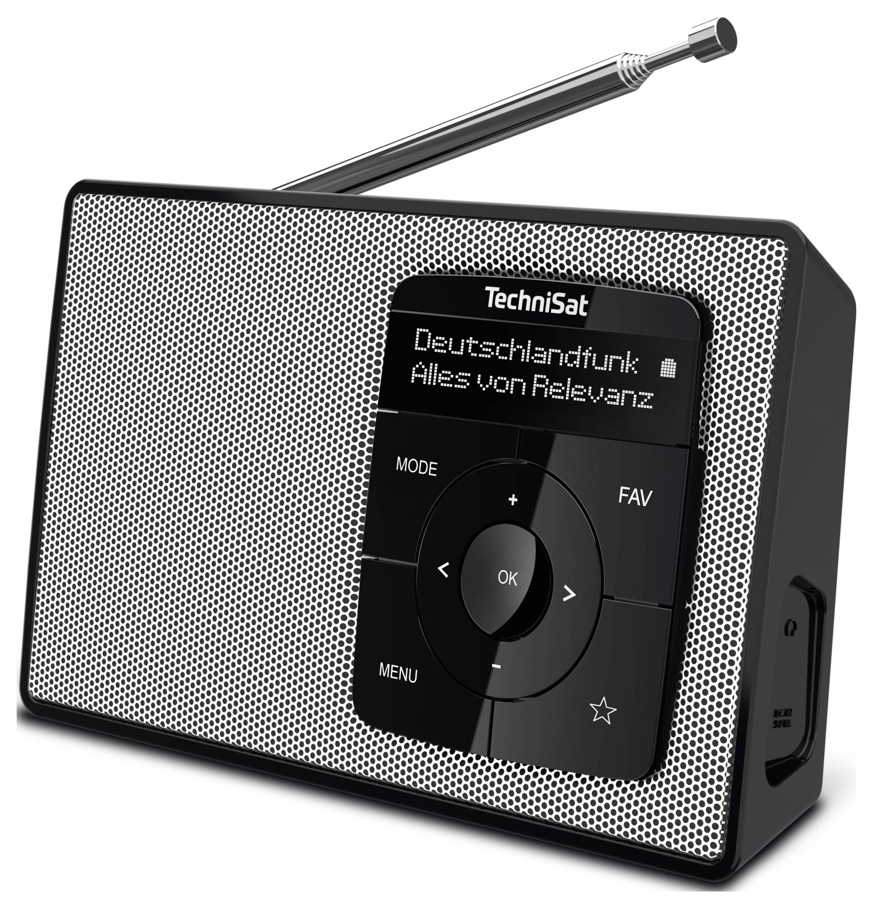Ein tragbares Radio mit Textanzeige 'Deutschlandfunk - Alles von Relevanz'; silber-schwarzes Design mit Antenne.