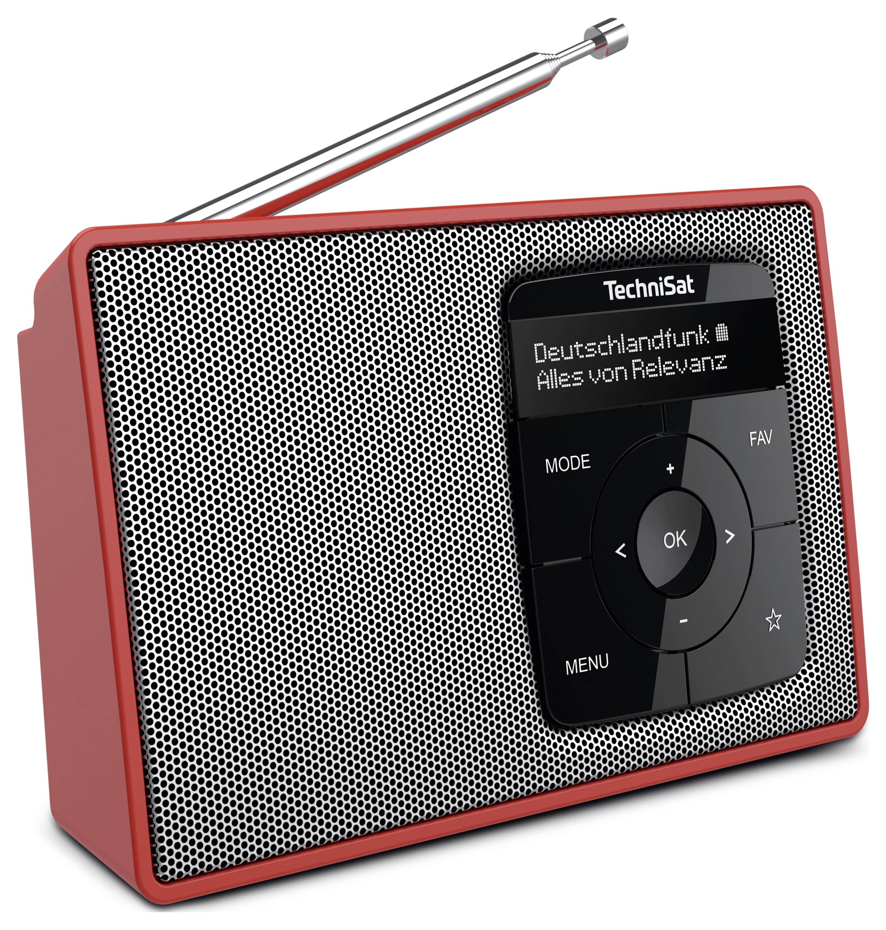 Ein rotes tragbares Radio mit Antenne. Der Bildschirm zeigt 'Deutschlandfunk' und 'Alles von Relevanz'. Bedienknöpfe auf der Vorderseite.
