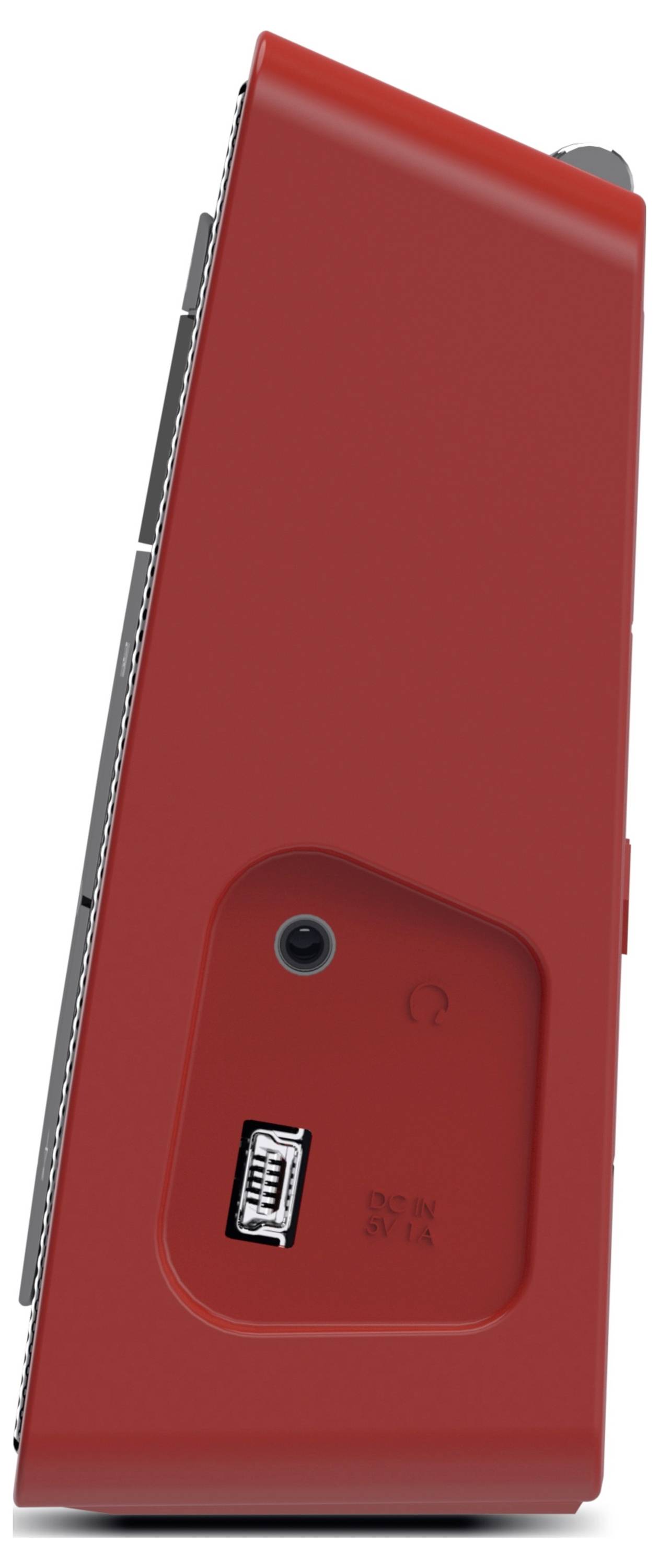 Ein rotes, flaches Gerät mit einem Knopf und einem USB-Anschluss auf der Rückseite, seitlich abgebildet.