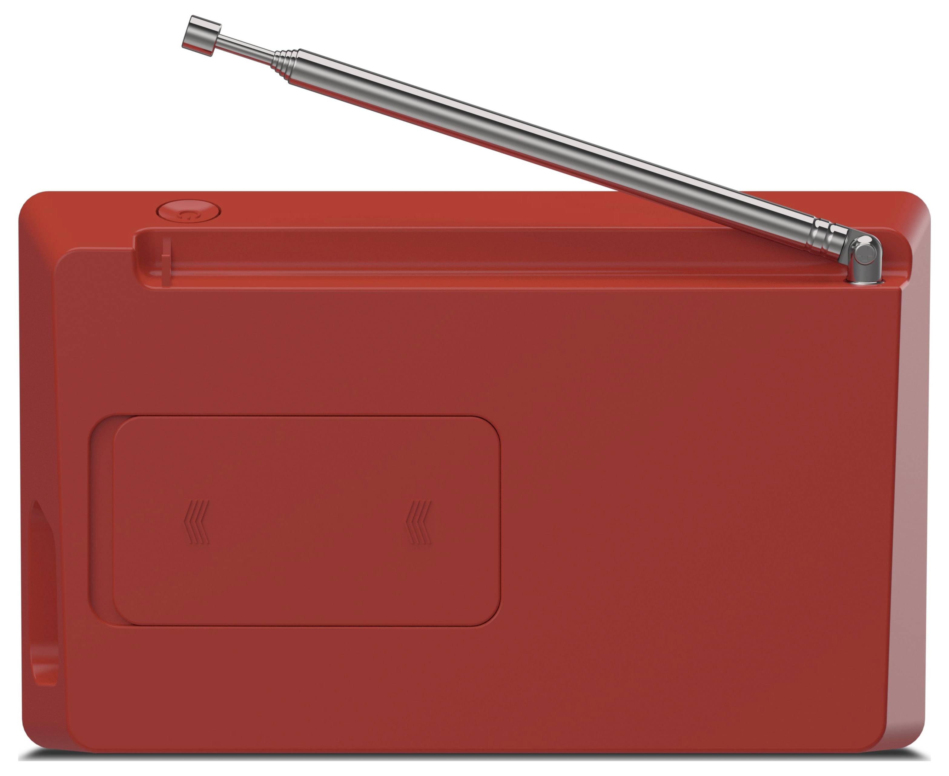 Rotes tragbares Radio mit ausziehbarer Antenne, aufrecht stehend.