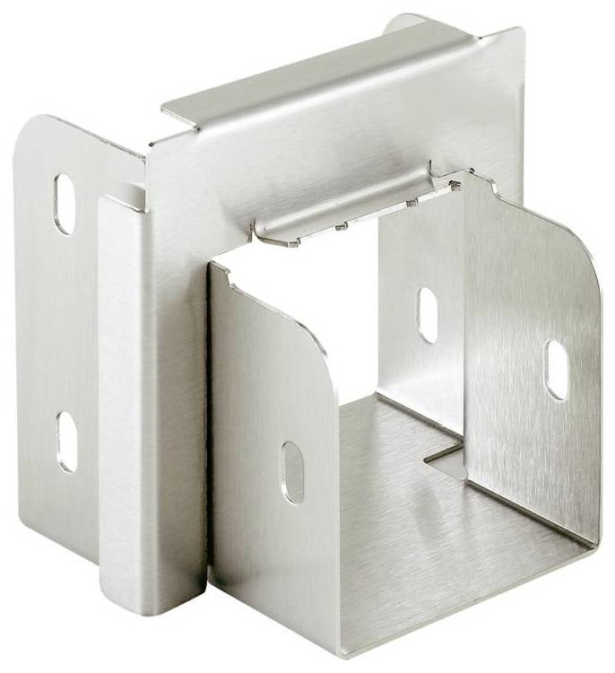 Metallhalterung aus Edelstahl mit quadratischer Form, mehreren Lochungen für Befestigungen und Schlitzen für variable Montagemöglichkeiten.