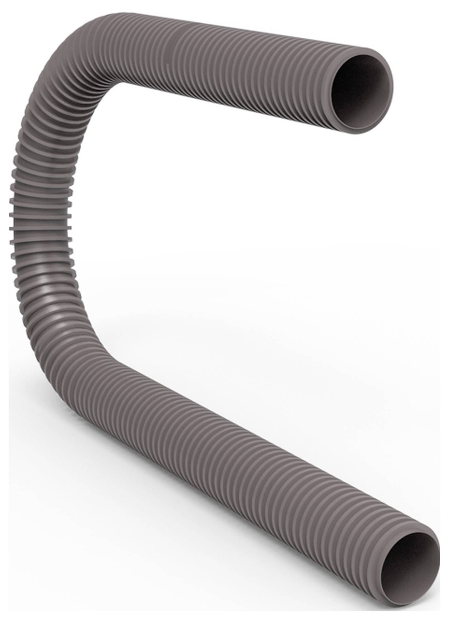 Ein brauner, flexibler, gerippter Rohrbogen in U-Form, verwendet zur Leitung von Flüssigkeiten oder Gasen in technischen Anwendungen.