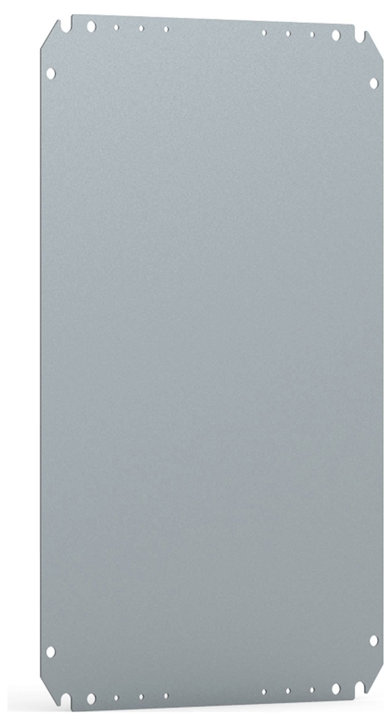 Metallplatte mit Löchern an den Ecken, möglicherweise als Montageteil oder Abdeckung in technischer Ausstattung.