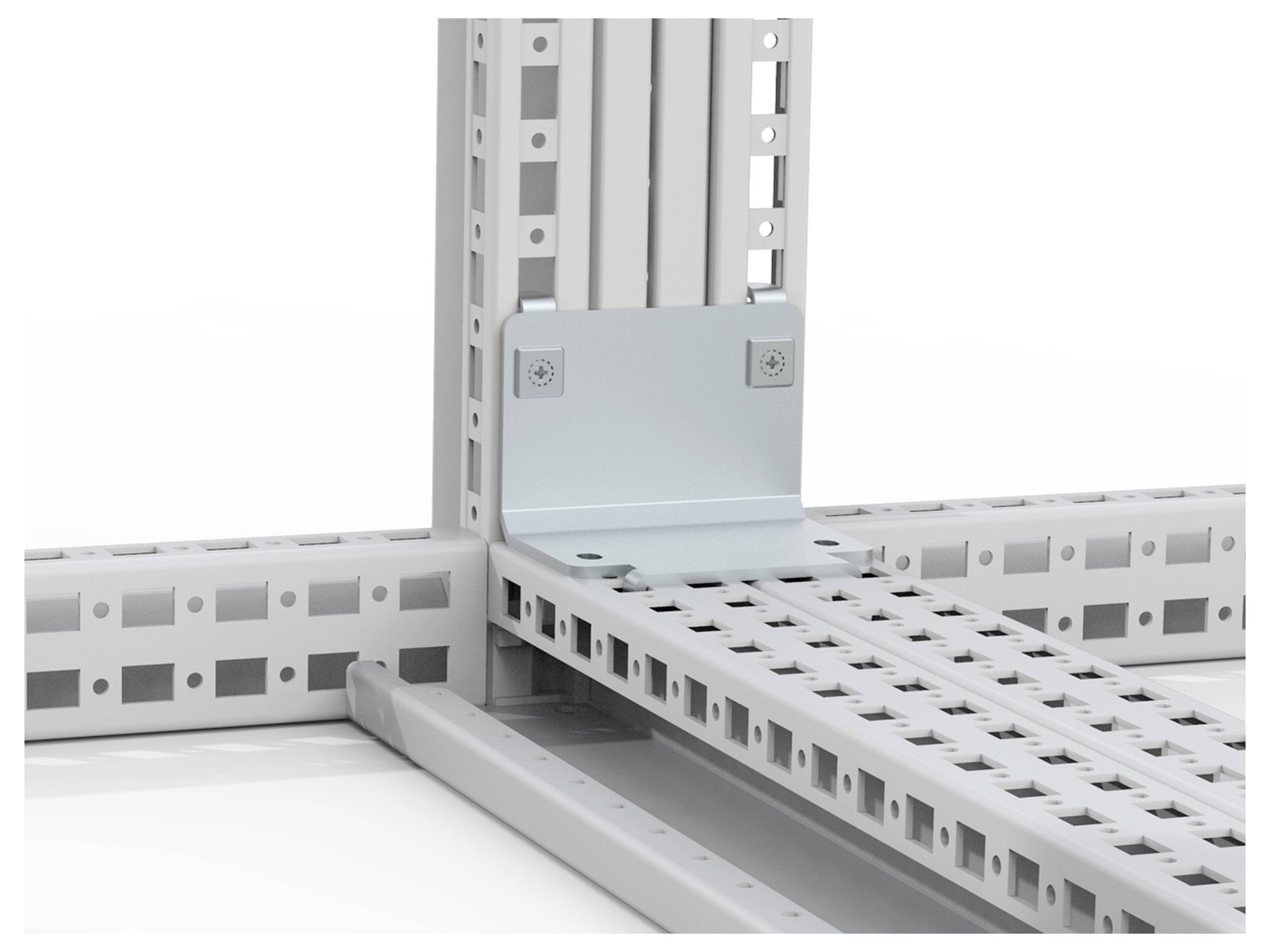 Metallgestell mit Gitterplatte und Winkelelement, das eine robuste Struktur bietet. Ideal für industrielle Anwendungen.