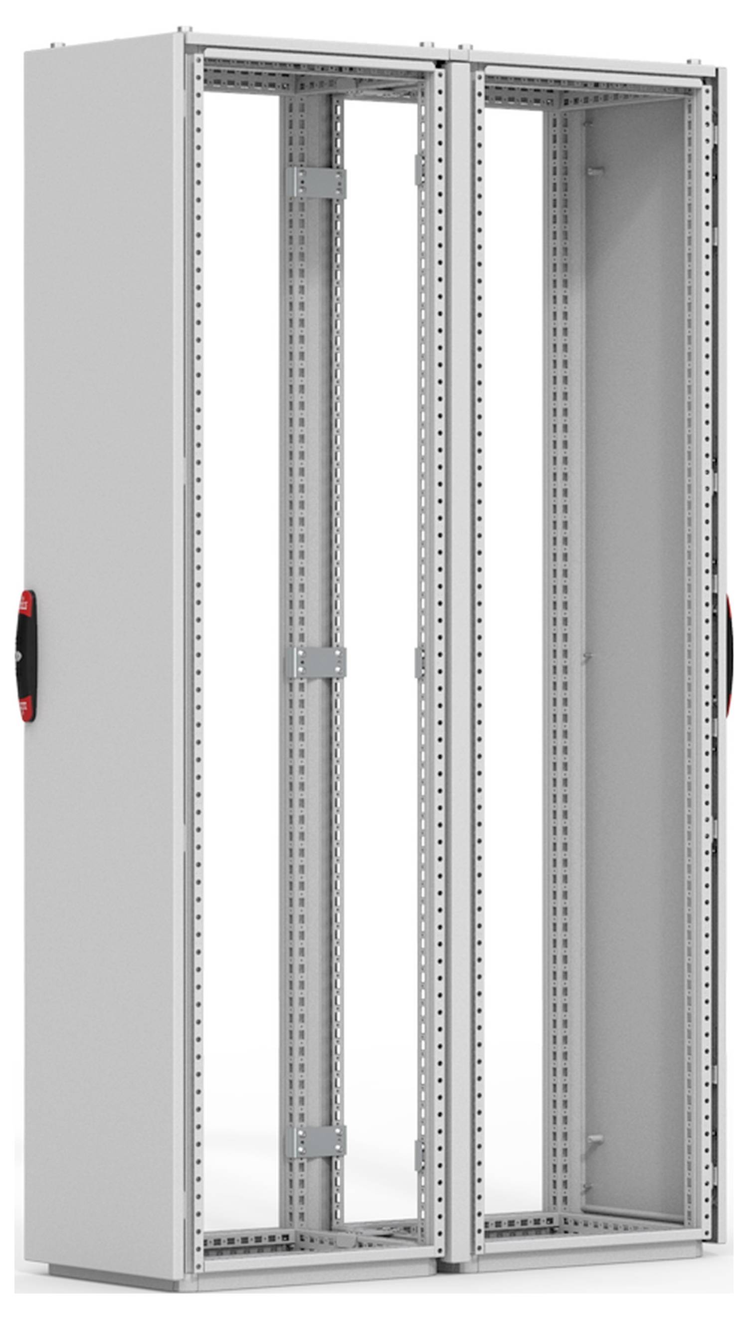 Ein graues, zweiteiliges Metallschrankgehäuse mit seitlichen Griffen. Entworfen für technische Installationen und Geräteorganisation.